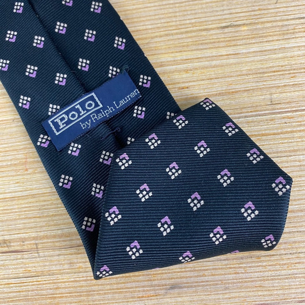 Polo Ralph Lauren Vintage Navy Silk Necktie Geometric Square Print USA Made